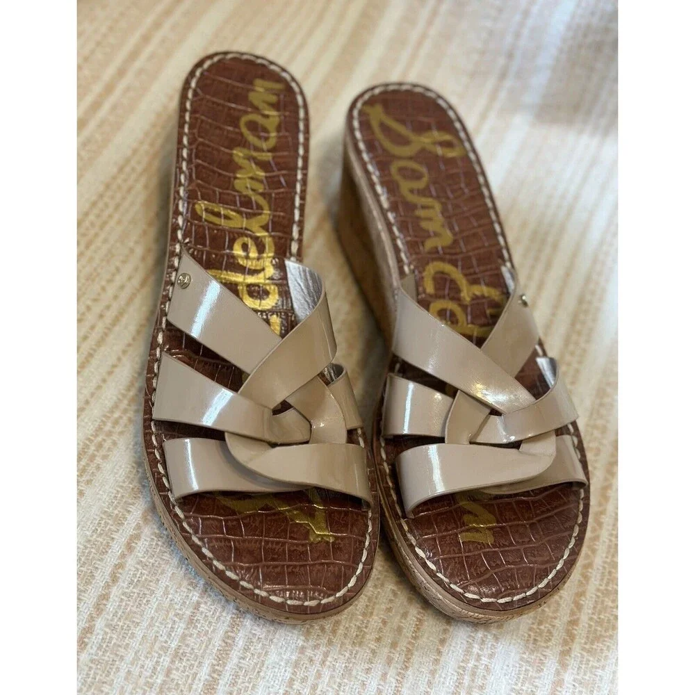Sam Edelman Women Size 9.5 Nude Raynere Patent Cork Wedge Slip On Sandals